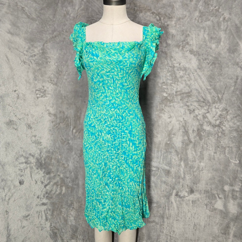 Maggy London Dress Womens 8 Teal Green Silk Ruffle Sleeve Leaf Print Midi Fairy